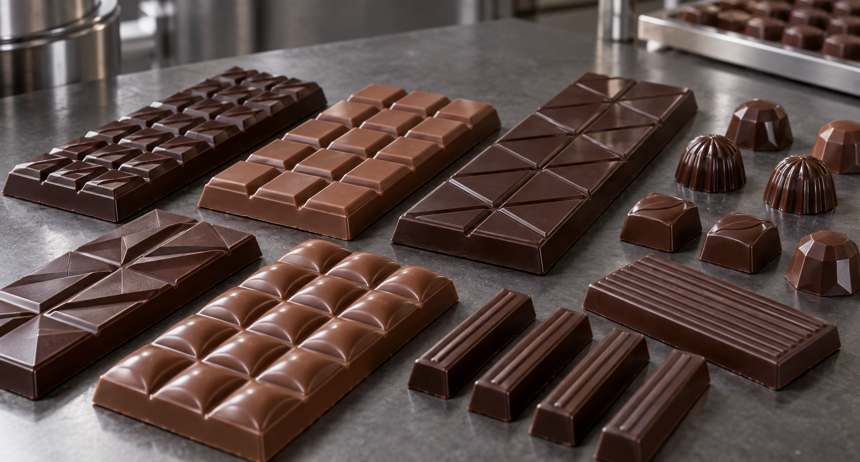 Illustration of solid moulded chocolate tablets and bars