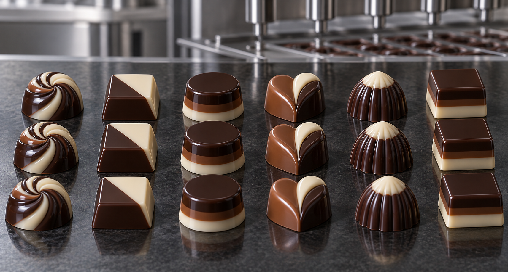 Illustration of two-colour and three-colour moulded chocolates