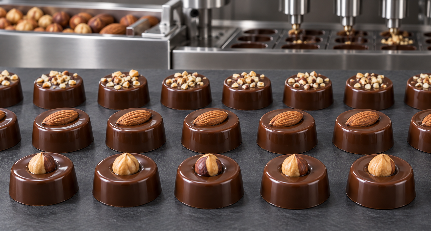 Illustration of moulded chocolate pieces with nut inclusions