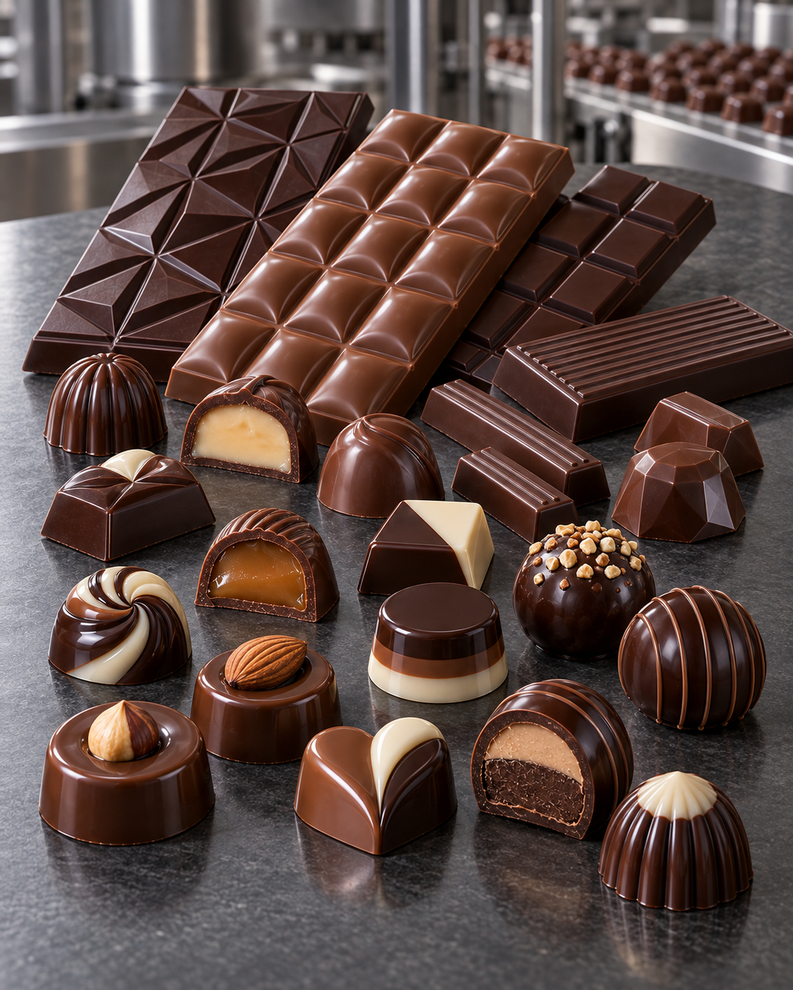 Illustration of solid, centre-filled, multicolour and inclusion moulded chocolate formats