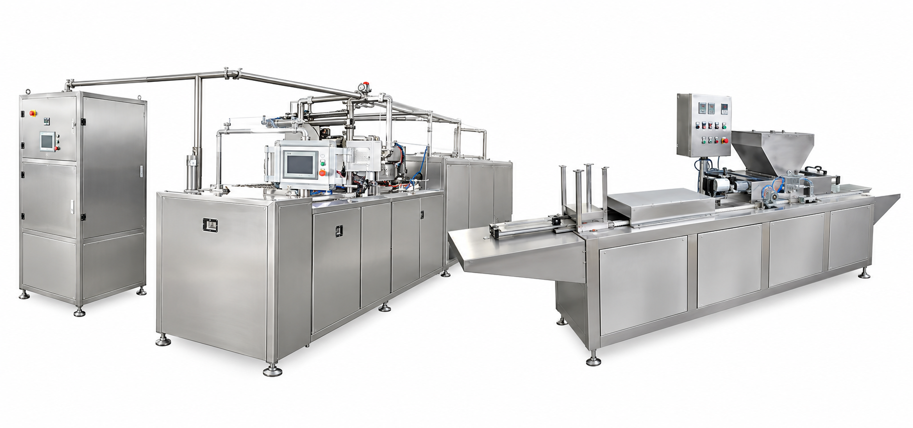 Integrated chocolate moulding line shared process circuits