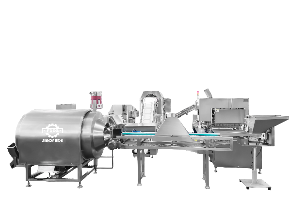 SINOFUDE CLMS starch mogul line side view with stacked PVC starch trays, enclosed impression printing and depositing section and stainless cabinets