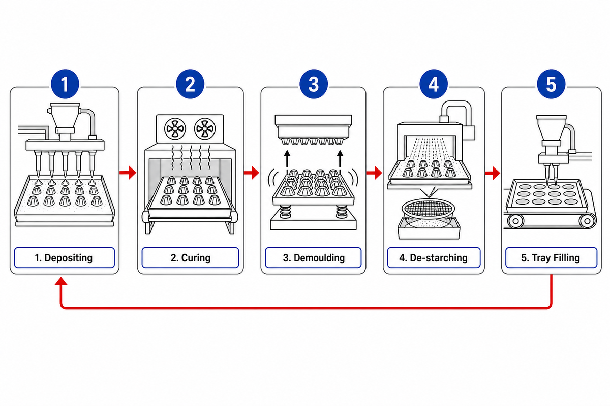 5-step starch mogul cycle: depositing, curing, demoulding, de-starching, tray filling, repeating