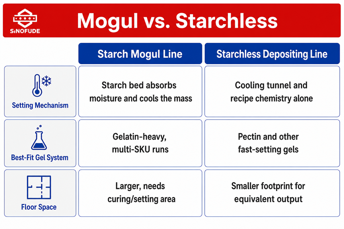 Starch mogul vs starchless: setting mechanism, best-fit gel system, and floor space compared
