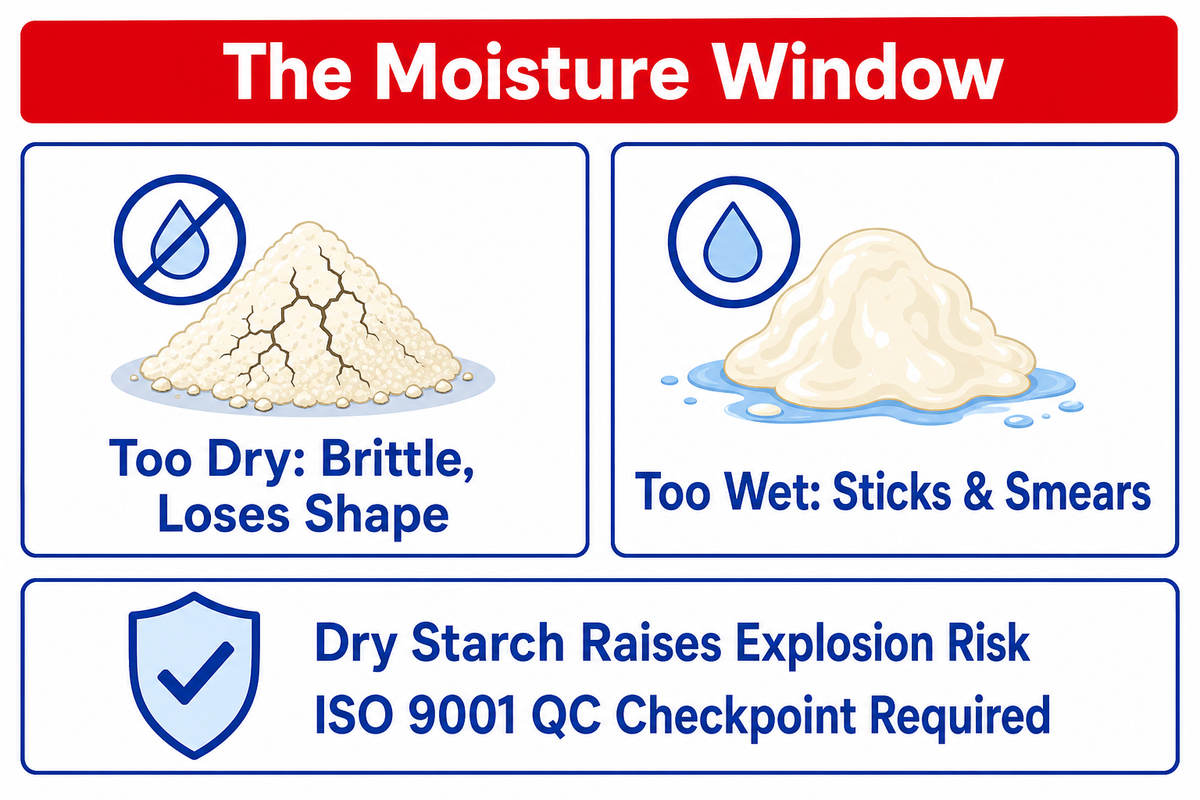 Too-dry starch is brittle and loses shape; too-wet starch sticks and smears -- ISO 9001 QC required