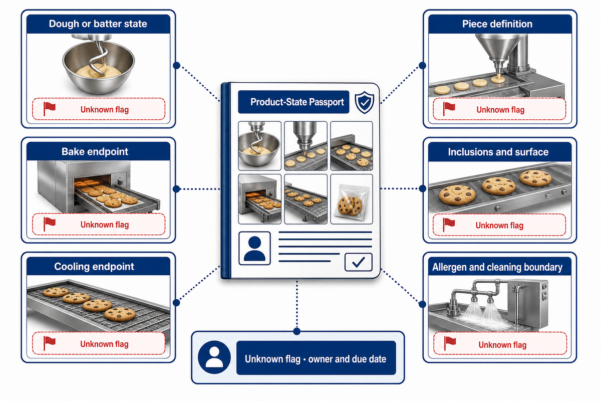 The Product-State Passport records dough, pieces, endpoints, allergens and owned unknowns before route selection.