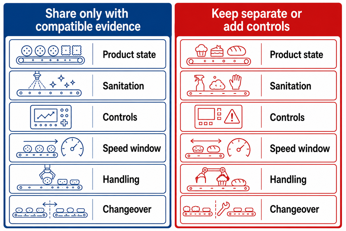 Shared modules require compatible product state, sanitation, controls, speed, handling and changeover evidence.