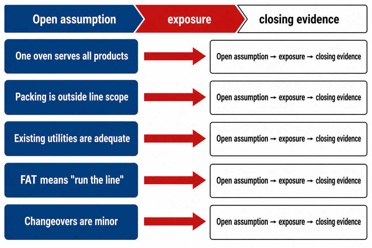 Budget drift comes from open ovens, packing, utilities, FAT and changeover assumptions, not one line-name price.