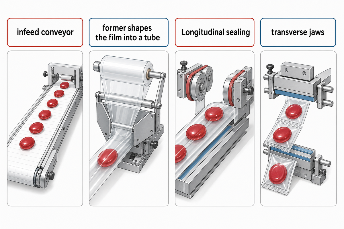 Feeding and film forming precede sealing in a flow wrapper; Harpak-ULMA machine descriptions.