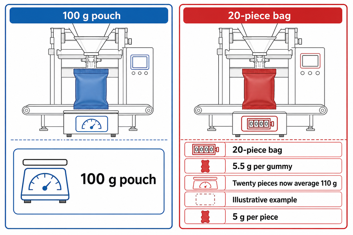 Illustrative 20 pieces at 5.5 g average 110 g; separate weight and count targets, NIST context.