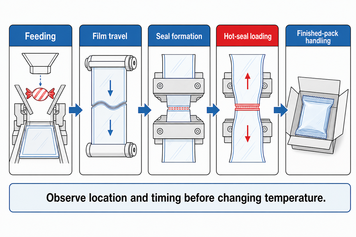 Five fault stages distinguish feeding from hot-seal loading; Greener and ASTM F1921 guidance.