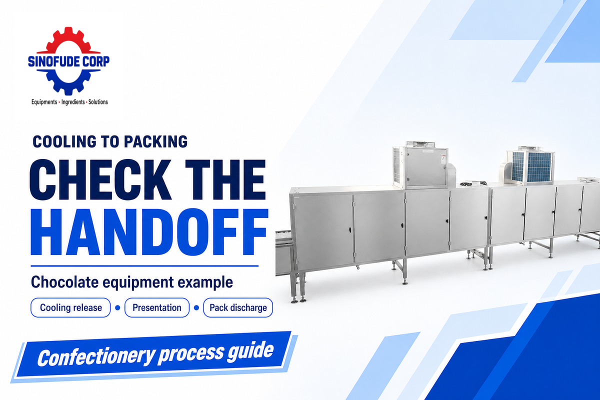 Cooling release, presentation and pack discharge can limit output; SINOFUDE chocolate cooling example.