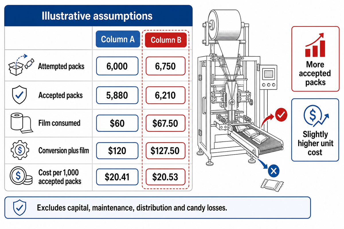 Illustrative cost rises from $20.41 to $20.53 per 1,000 accepted packs; guide's stated assumptions.