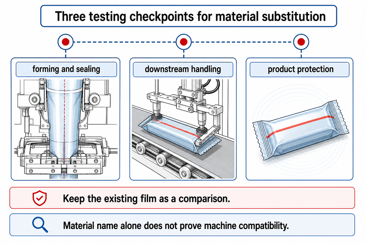 Material substitution can change forming, sealing and handling; IFT paper-packaging example.