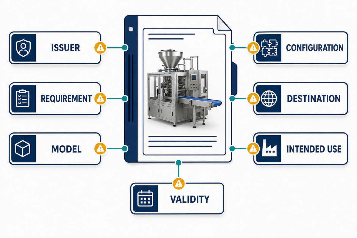 Seven-field scope check for machinery compliance documents.