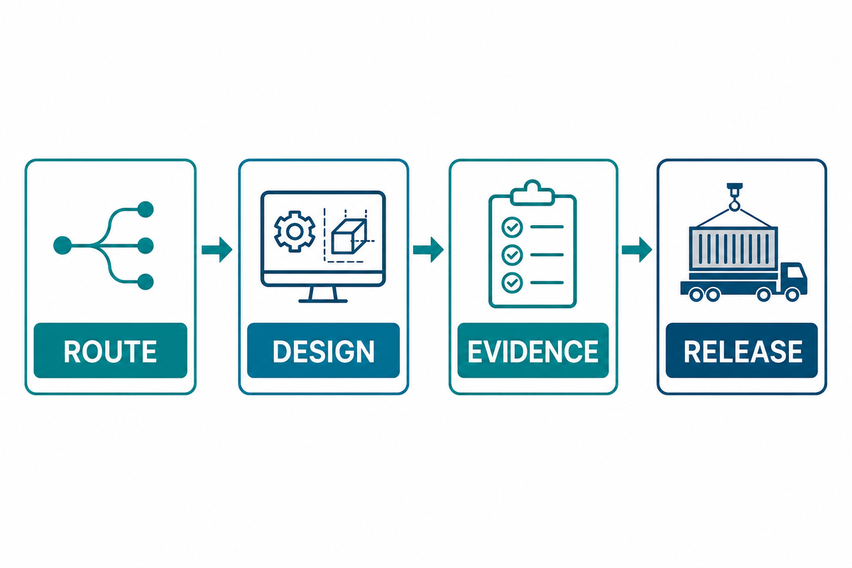 Four-gate compliance dossier for route, design, evidence and release.