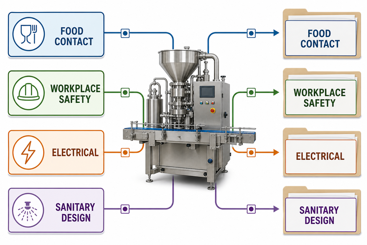 Separate U.S. food, workplace, electrical and sanitary-design routes.