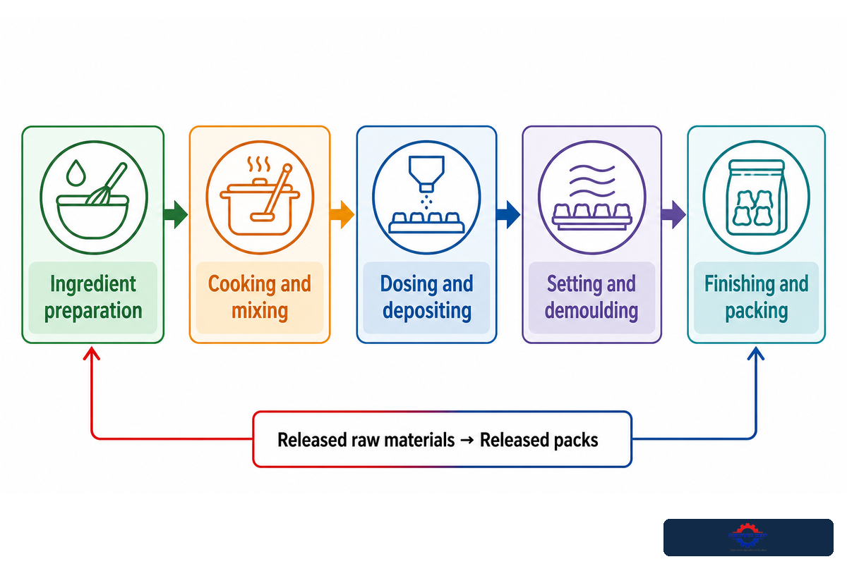 Five connected modules define the boundary of a complete industrial gummy production line