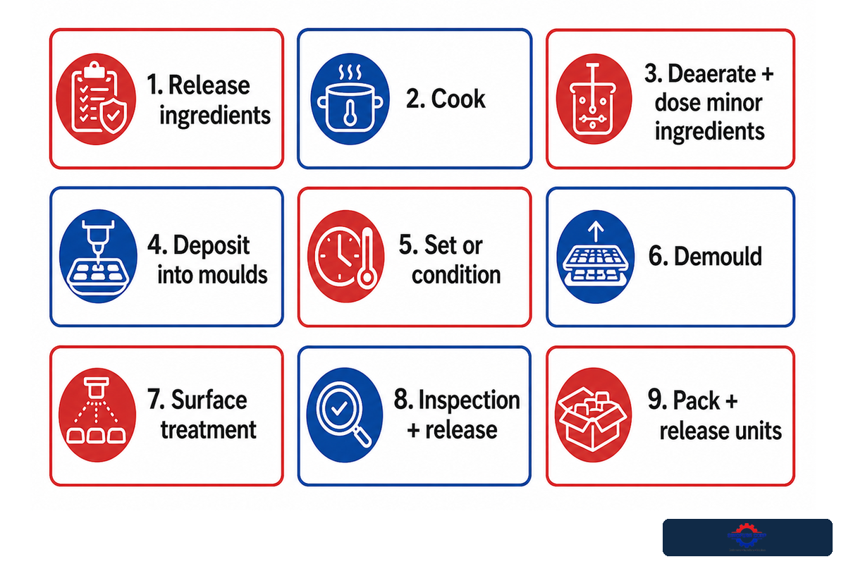 Nine evidence-based handoffs show how a gummy production line works from ingredients to packed units