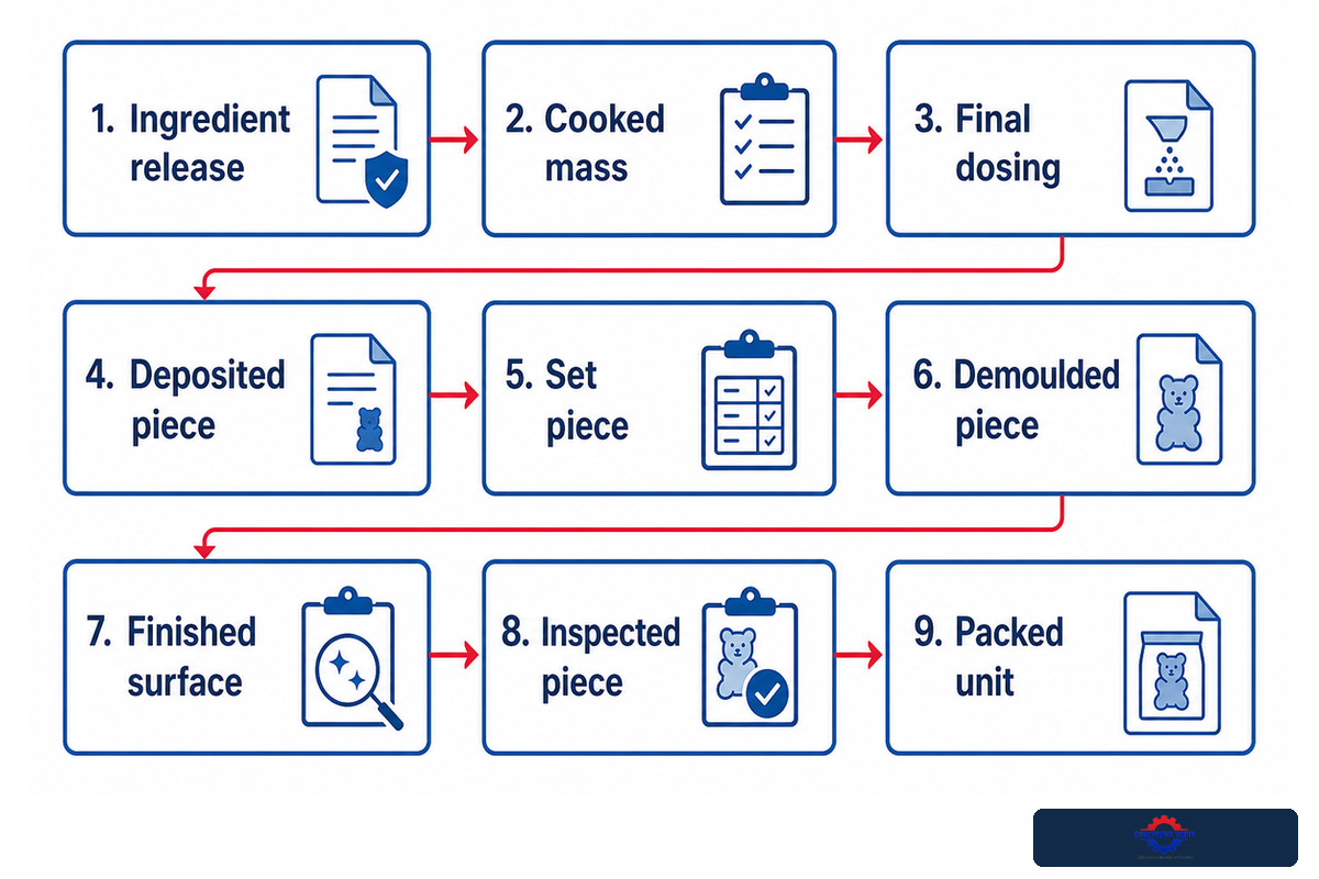 The 9-Checkpoint Production Passport traces gummy product state from ingredient release to packed unit