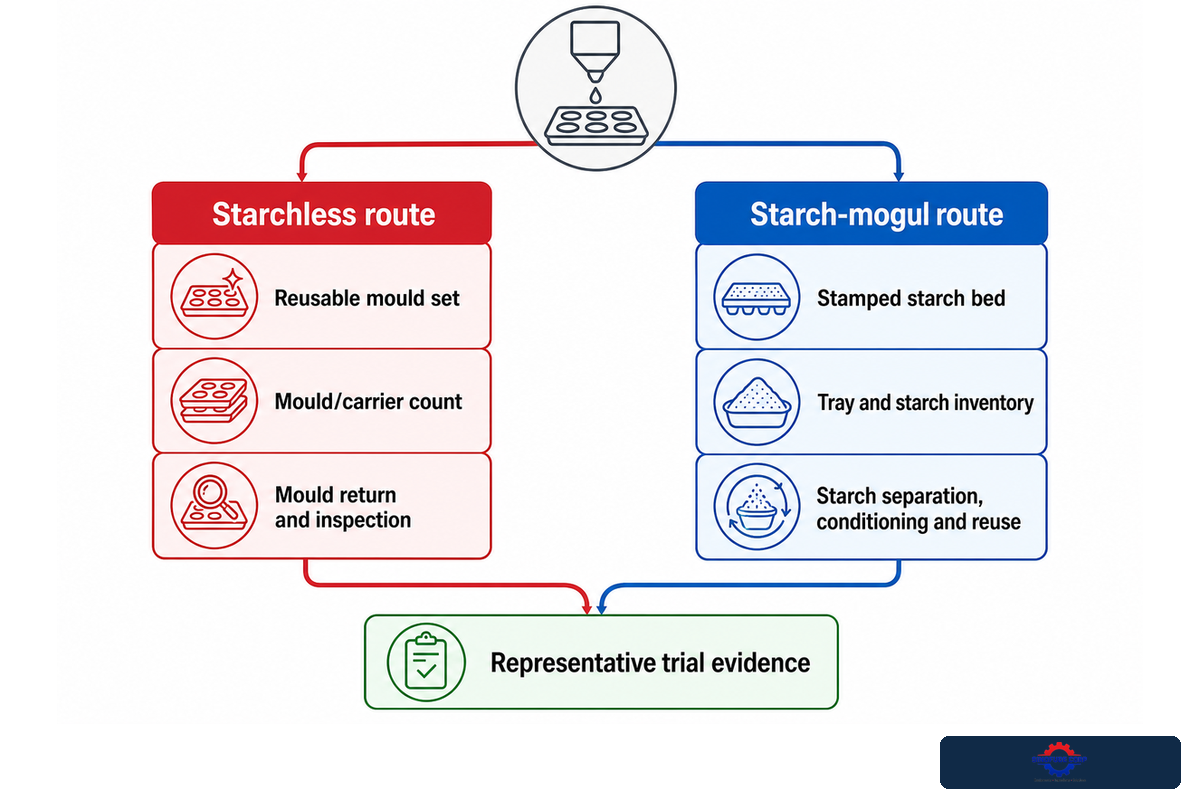 Starchless and starch-mogul gummy routes place moulding, residence and recovery work in different locations