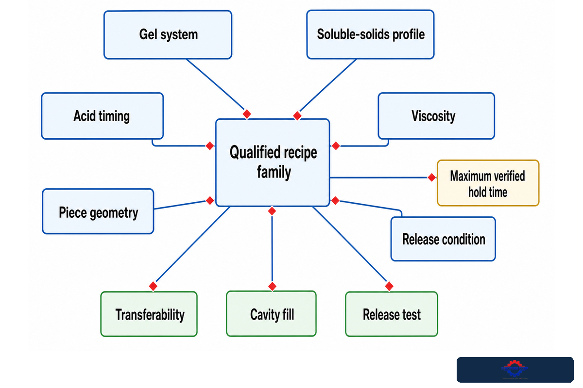 Gel system, solids, acid timing, viscosity, geometry and release condition define a gummy recipe operating window