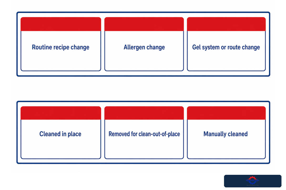Routine, allergen and gel-system changeovers require distinct cleaning and release evidence