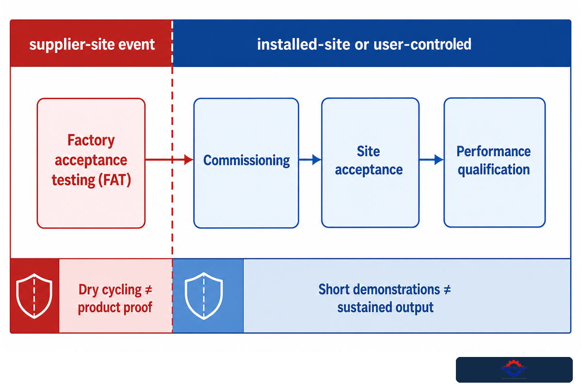 Factory acceptance, commissioning, site acceptance and performance qualification have different evidence boundaries