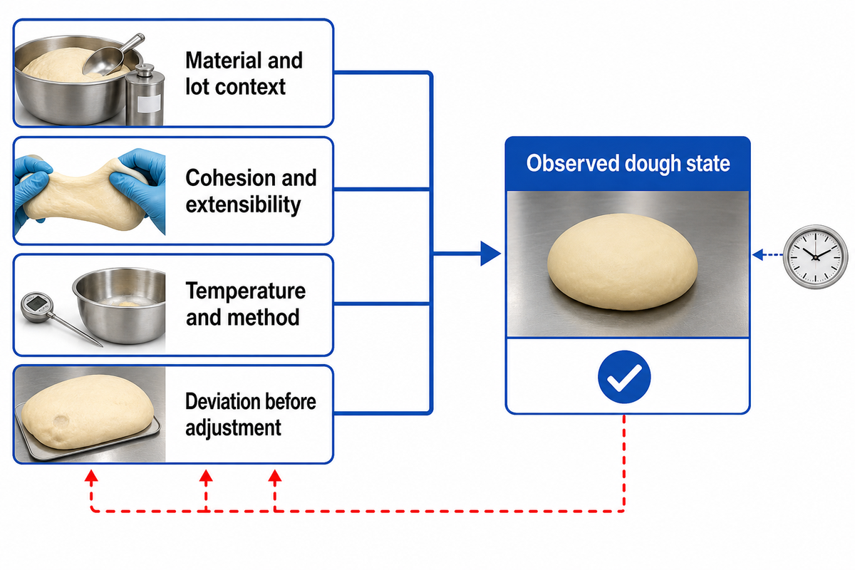 A dough release record keeps material, behavior, method and deviations with the observed state