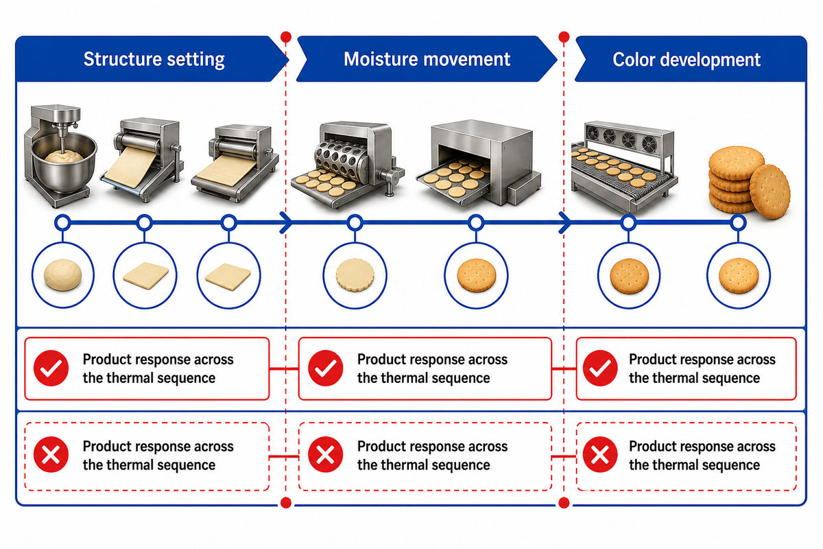 A multi-zone bake is reviewed by structure, moisture and color evidence, not one temperature