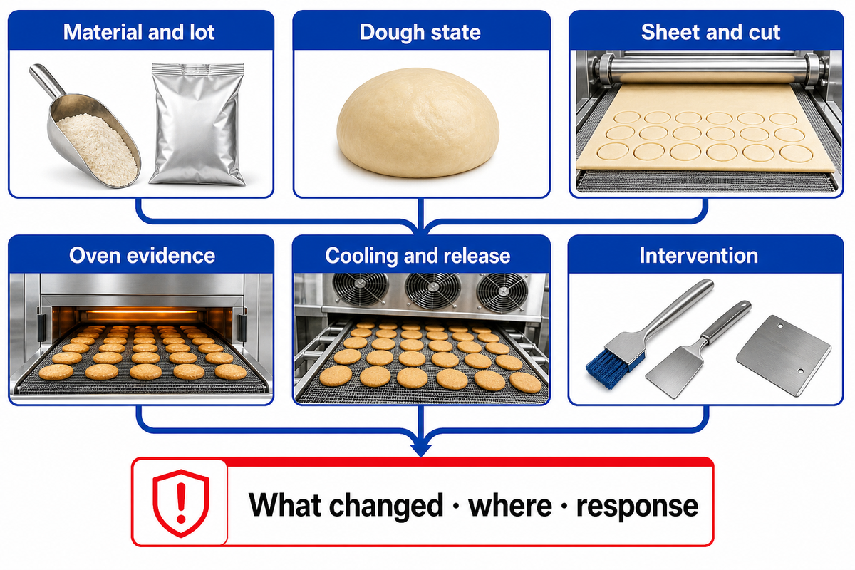 A six-state shift record links material, dough, sheet, oven, cooling and interventions