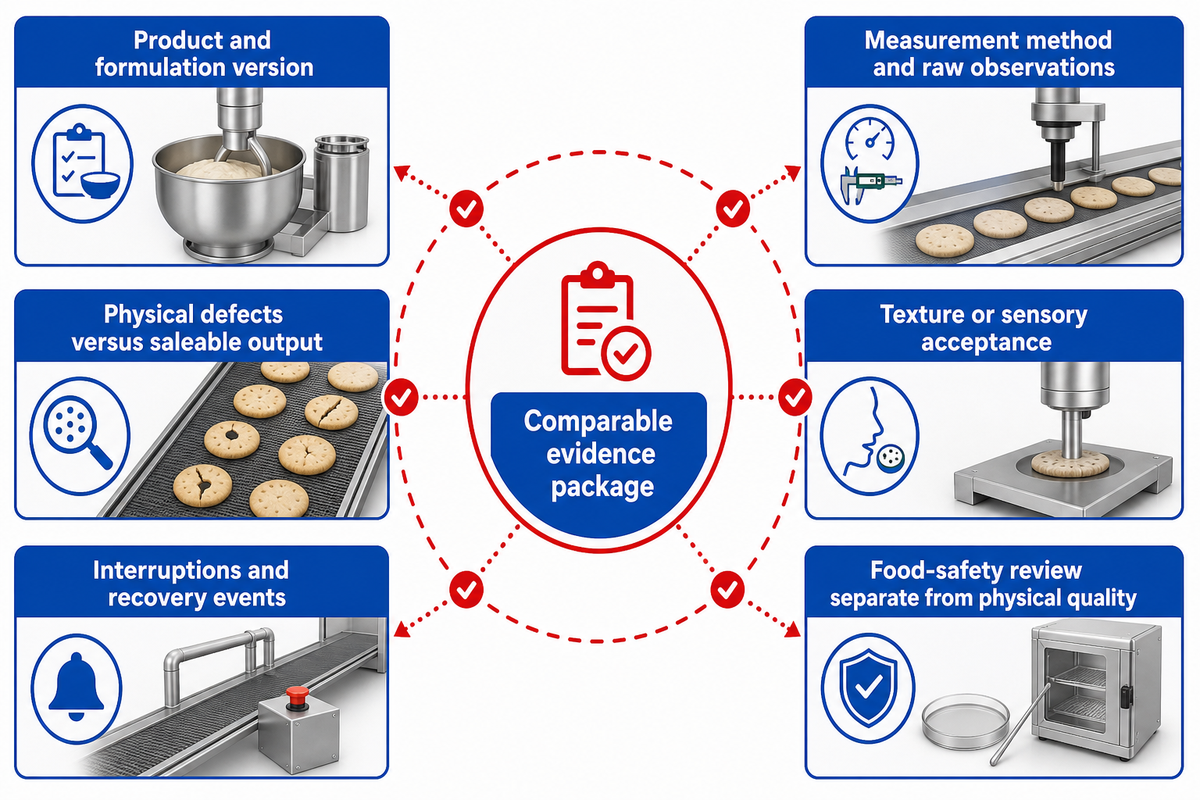 A production trial records product, method, defects, sensory acceptance, interruptions and review boundaries
