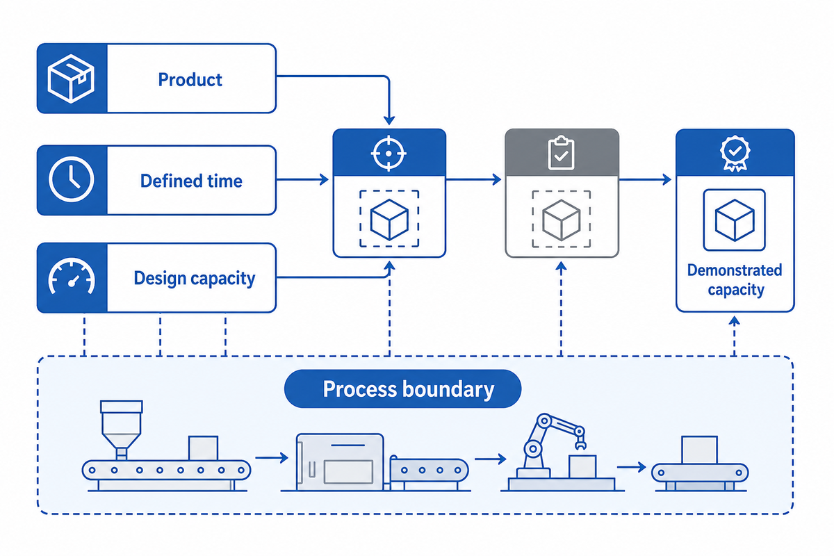 Capacity is product, process-boundary and time specific; compare ideal and demonstrated output.