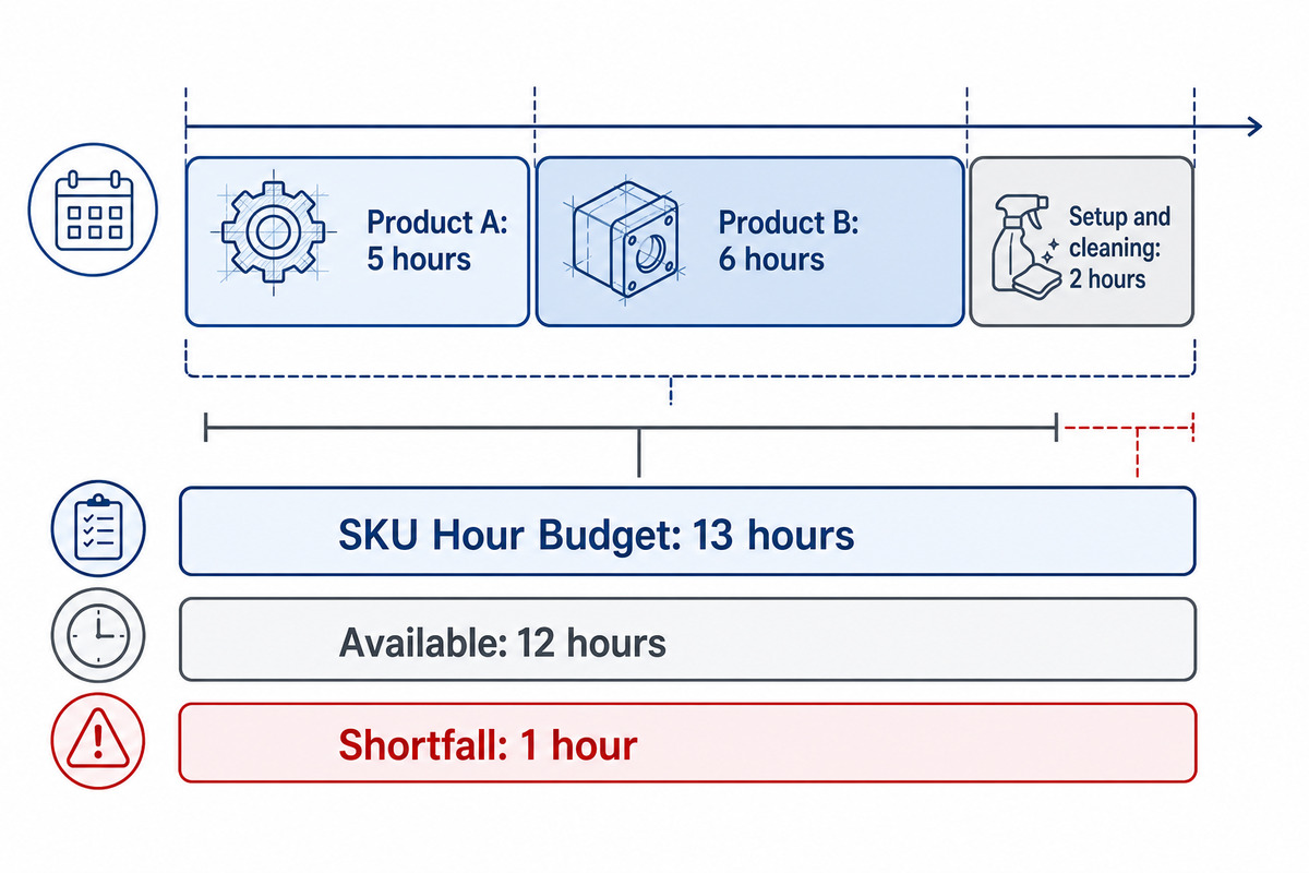Illustrative SKU Hour Budget: 5 plus 6 production hours and 2 setup hours exceed a 12-hour window by 1 hour.