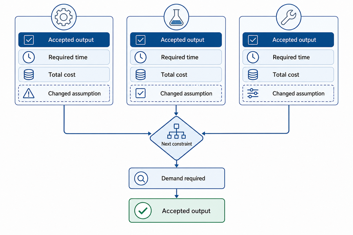 Compare accepted output, required time and total cost, then check the next constraint and demand.
