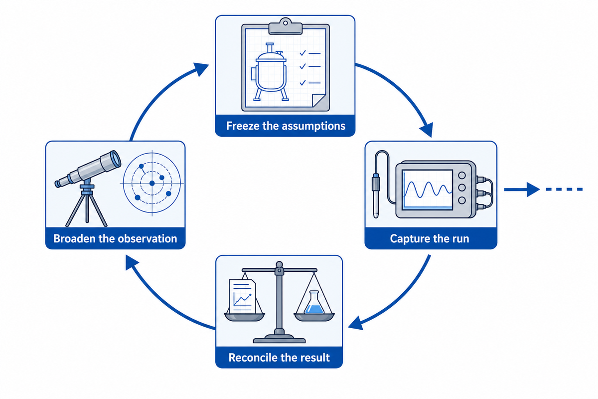 Validate a capacity plan by freezing assumptions, capturing a run, reconciling differences and broadening observation.