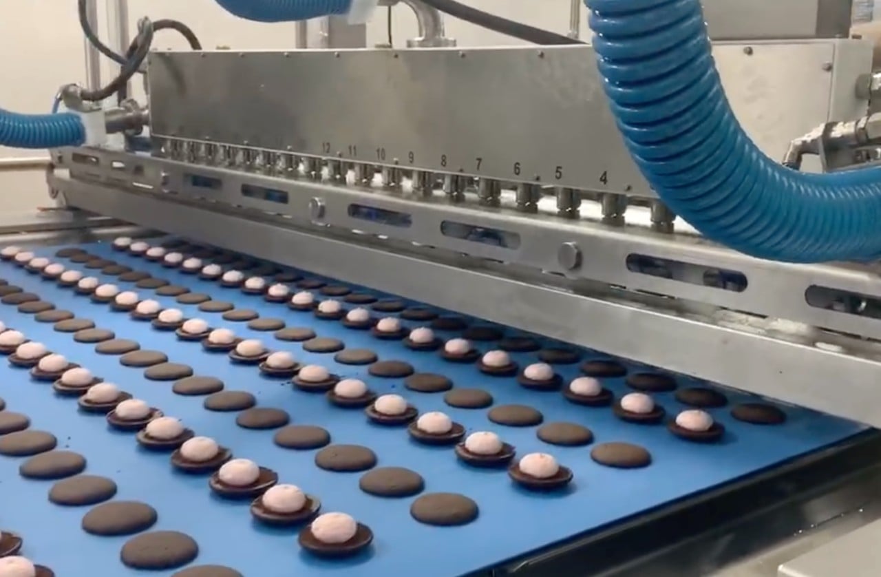 Biscuit cream filling on an industrial cookie production line