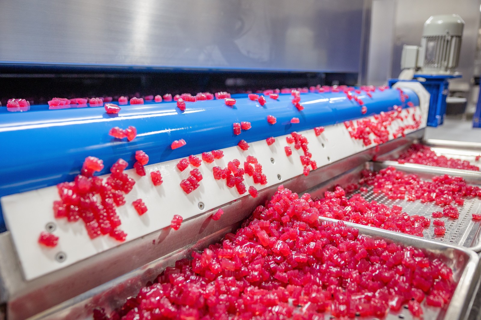 Red gummy candies on a SINOFUDE production conveyor
