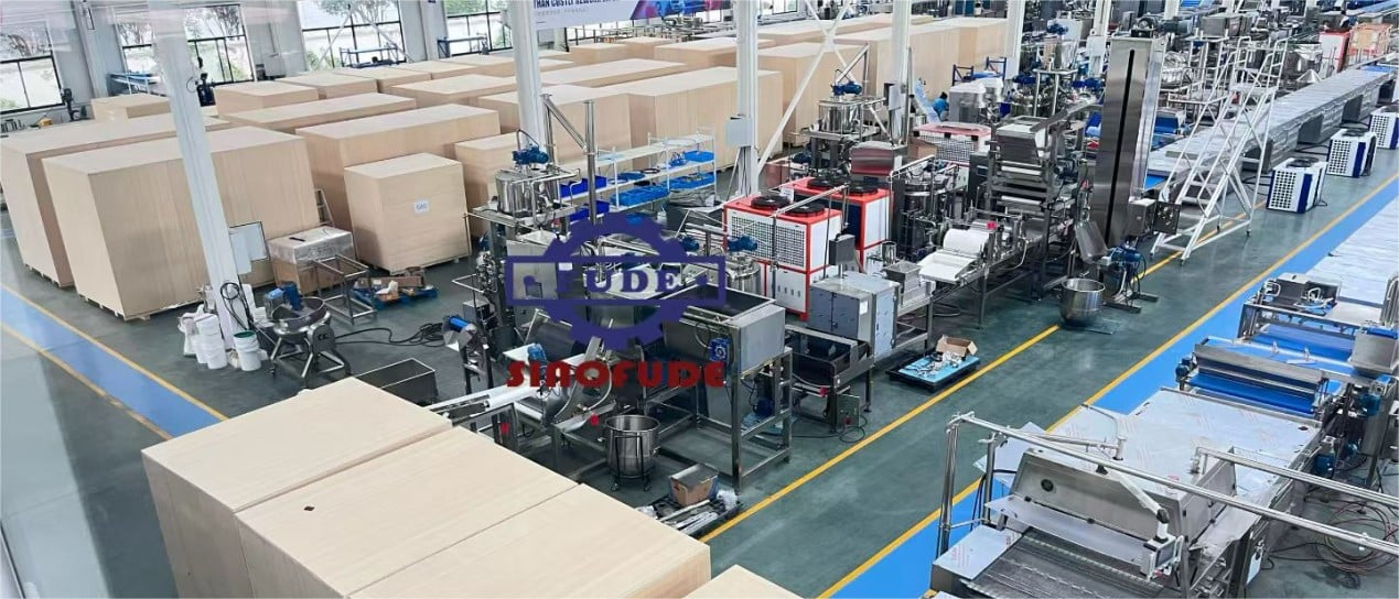 SINOFUDE production lines and wooden shipping crates in the Shanghai workshop