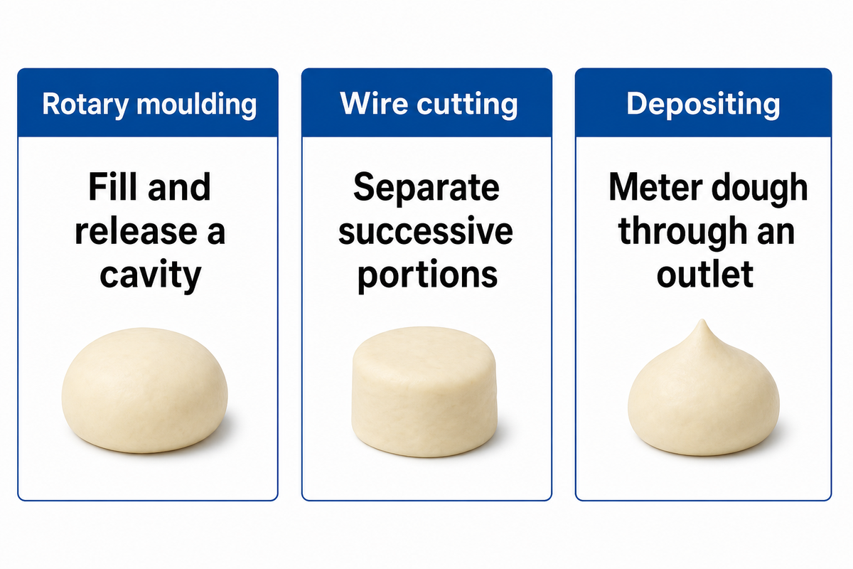 Moulding releases cavities, wire cutting separates portions, and depositing meters dough; editorial process comparison.