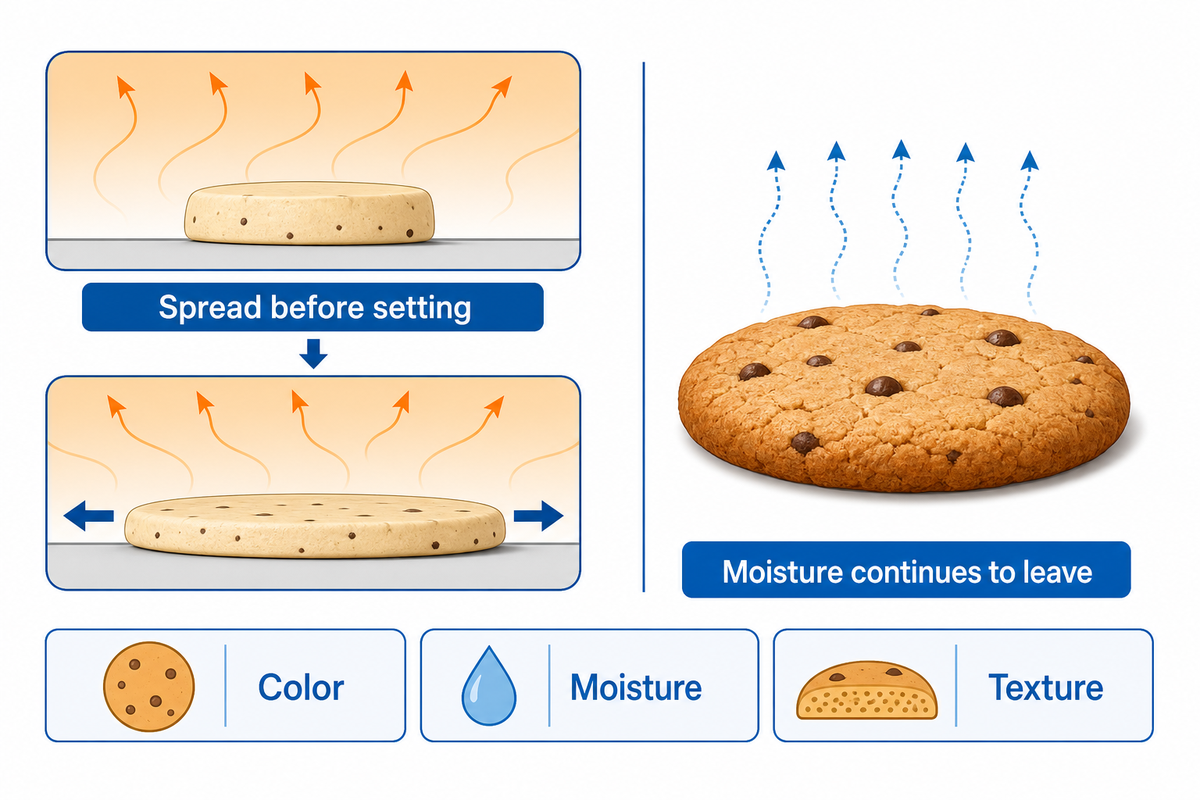Dough can spread before setting; color-moisture relationships depend on formulation; cited biscuit-model study.