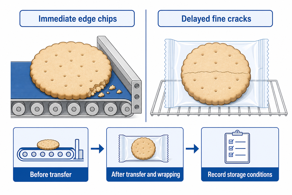 Separate immediate edge damage from delayed checking in crisp biscuits; 2025 low-fat biscuit study.