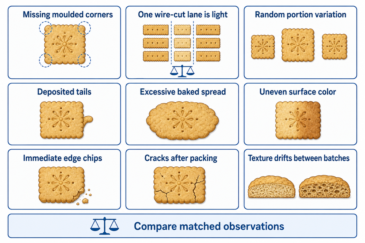 Nine observed defects guide controlled checks before recipe changes; editorial synthesis of cited biscuit studies.