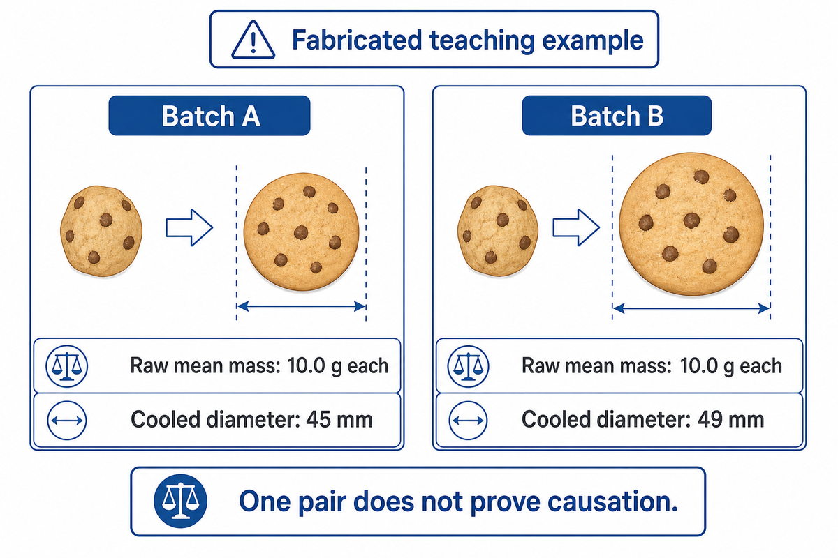 Illustrative batches: equal 10.0 g raw means, cooled diameters 45 and 49 mm; fabricated teaching example.