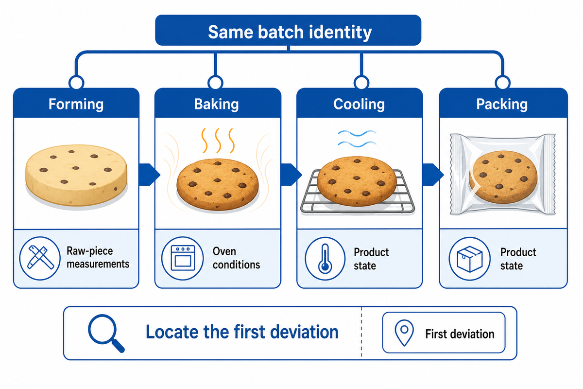 Preserve batch identity through forming, baking, cooling and packing; SINOFUDE process-recording guide.
